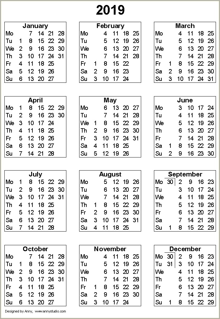 Free Calendar Template 2018 Monday To Sunday