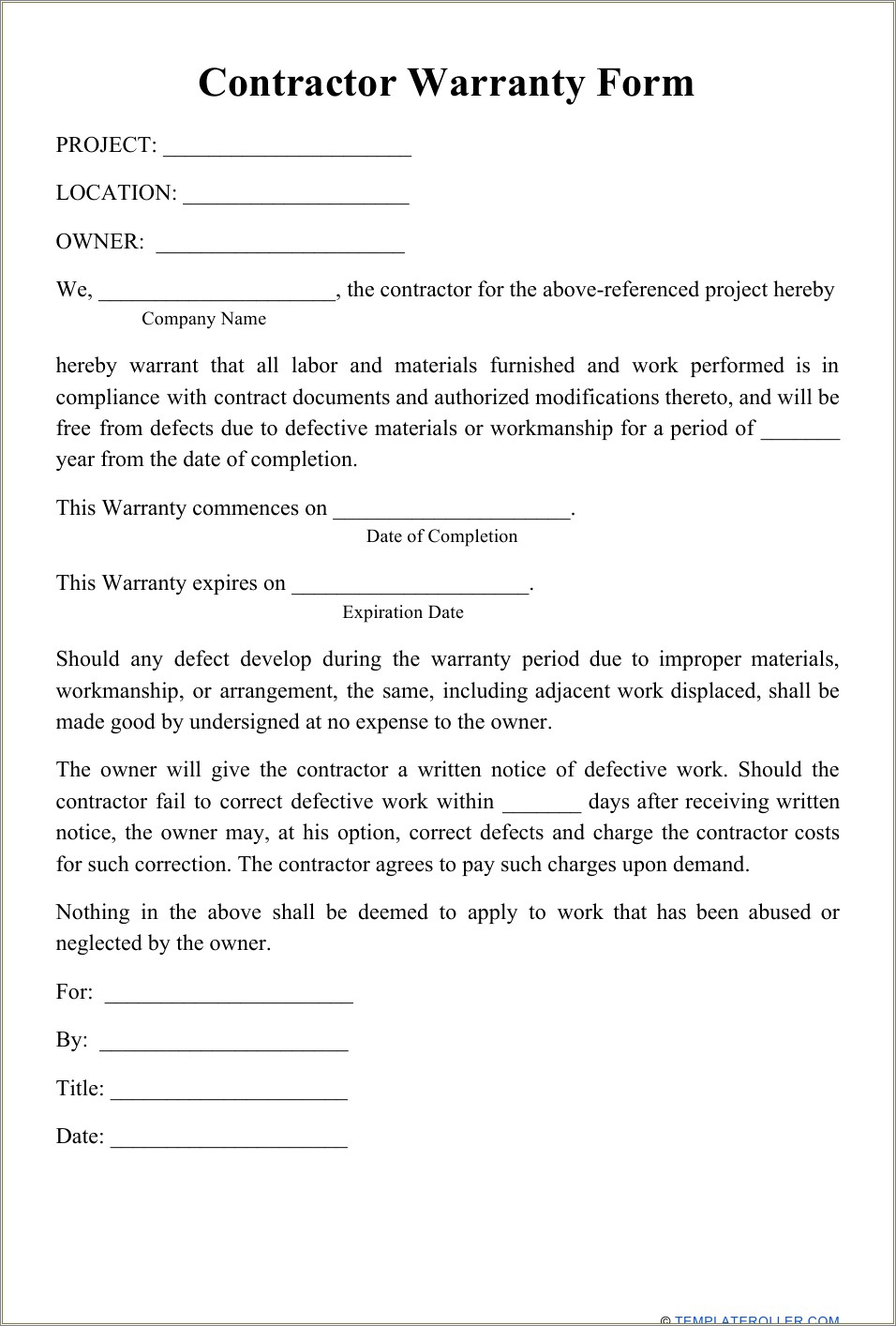 Free Construction Subcontractor 1 Year Warranty Template