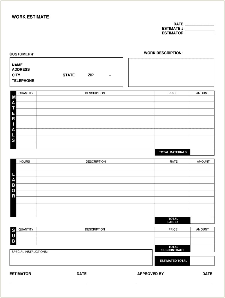 Free Contractor Estimate Forms Templates Free Downloads