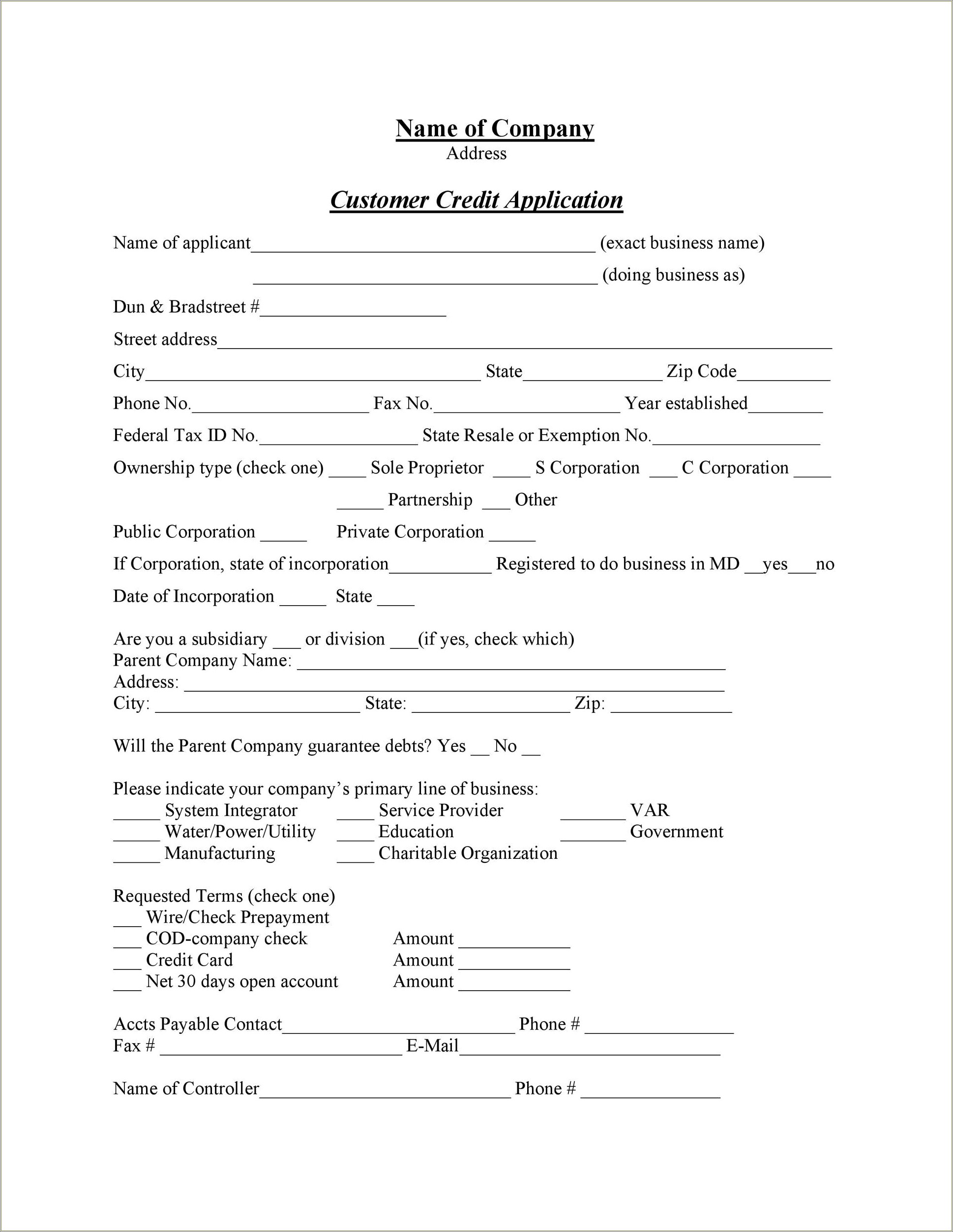 Free Credit Application Form Template South Africa