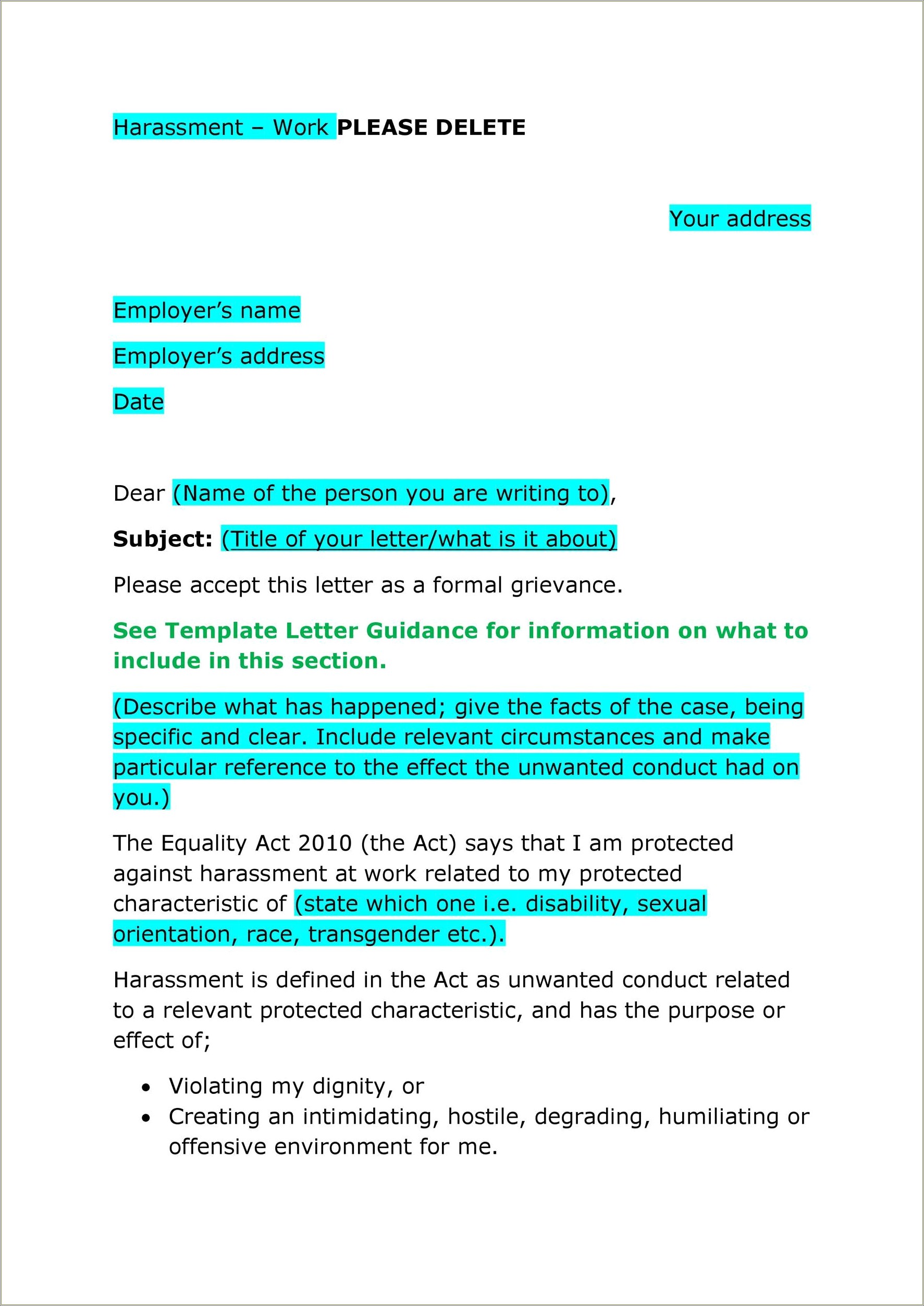 Free Grievance Letter Template For Employee Uk