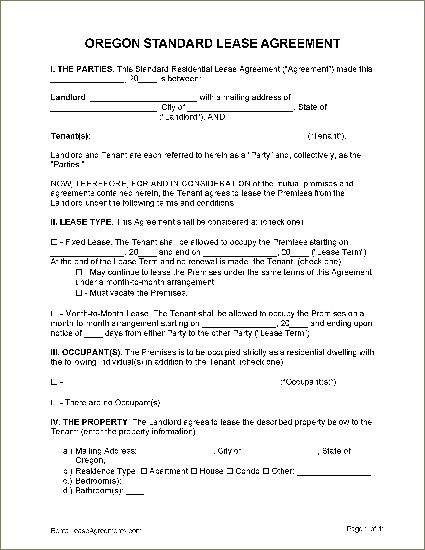 Free Lease Agreement For Renting A House Template