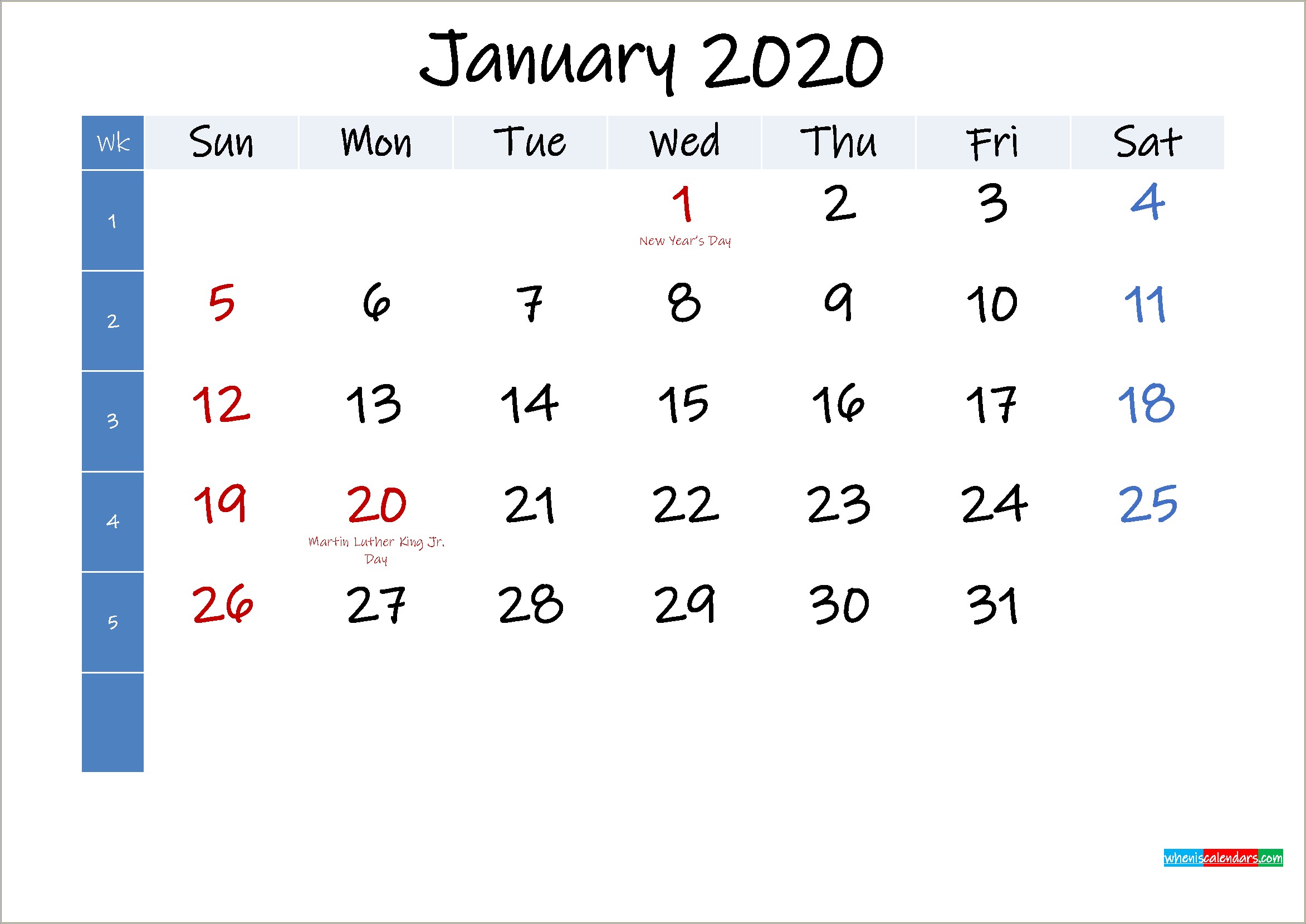 Free Printable 2020 Calendar Template With Holidays