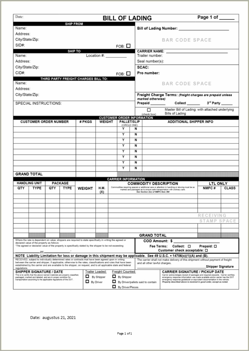 Free Printable Bill Of Lading Template Excel