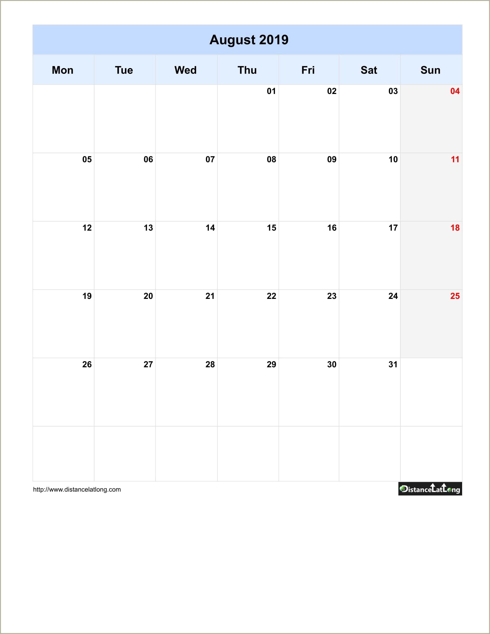 Free Printable Calendar Template August 2019