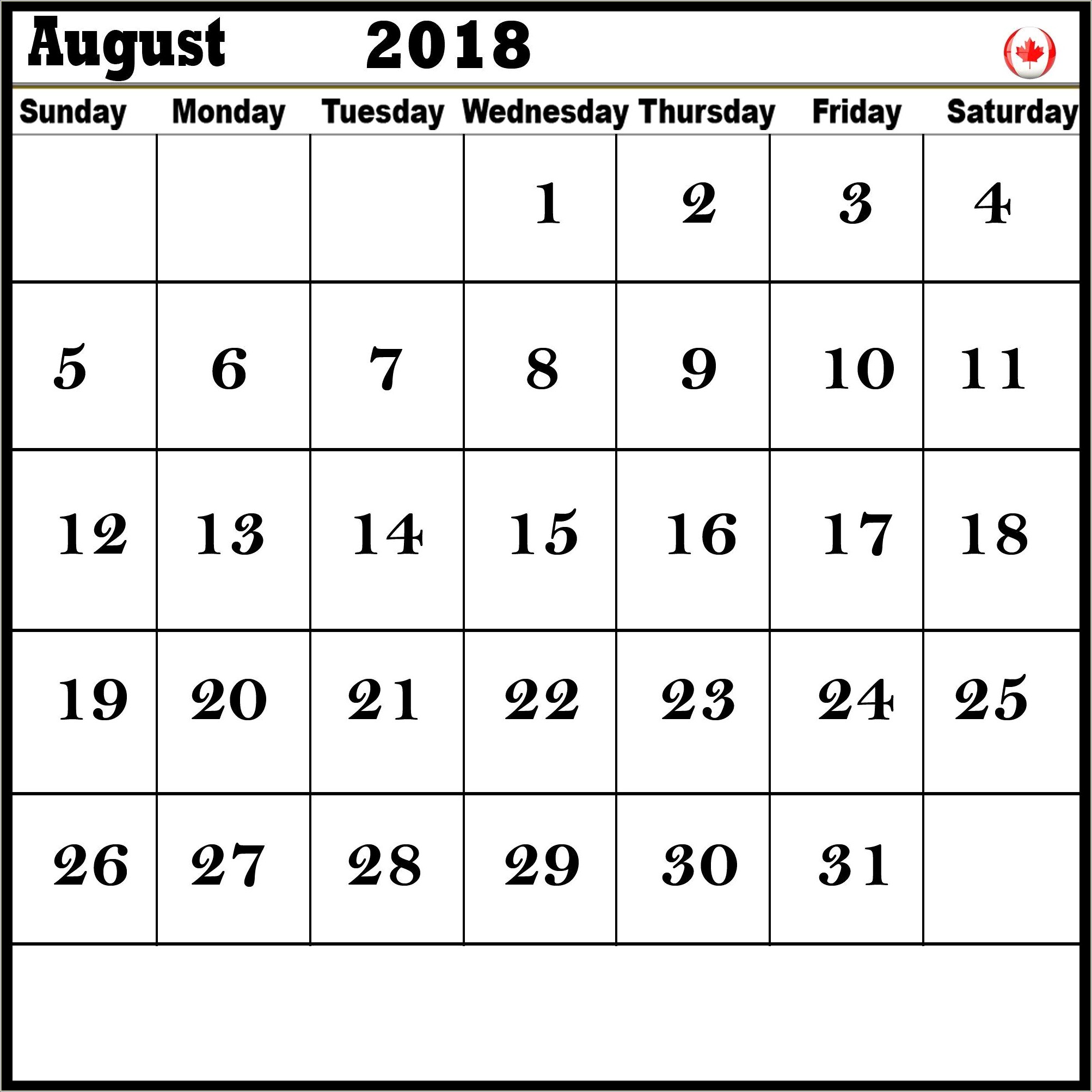 Free Printable Calendar Templates August 2018