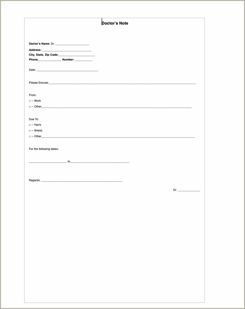 Free Printable Doctors Note For Work Template Resume Example Gallery