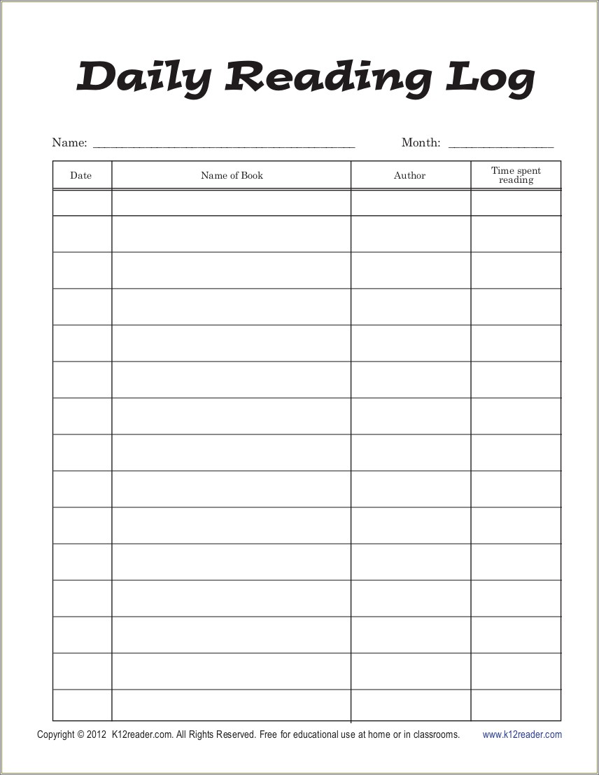 Free Printable Reading Log Template With Parent Signature