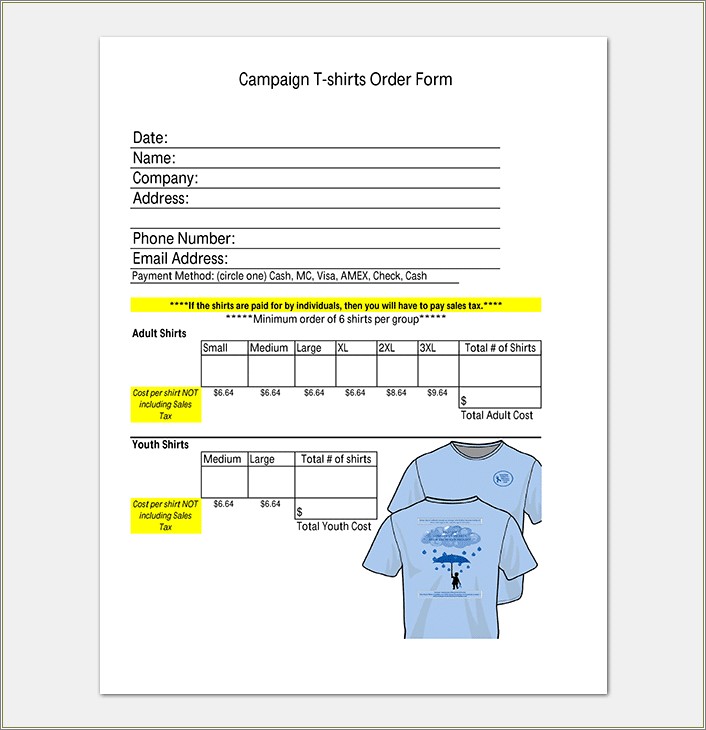Printable T Shirt Order Form Template Free Resume Example Gallery