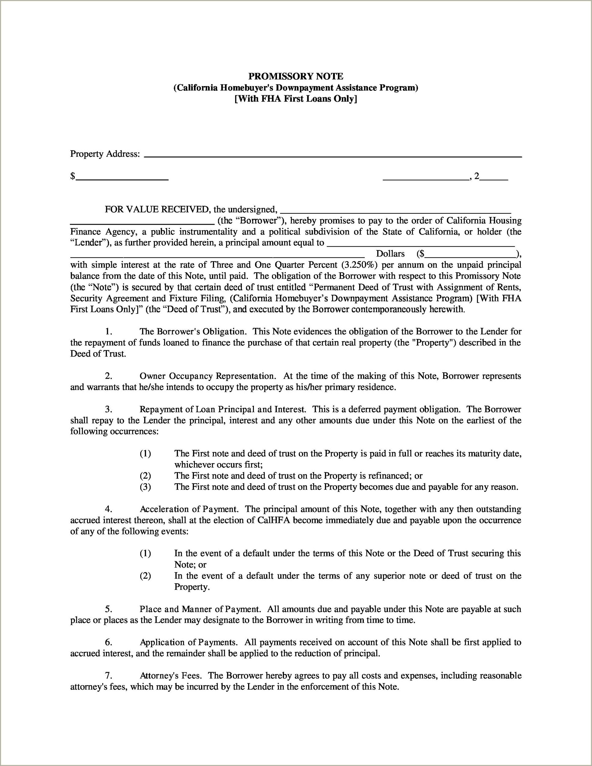 Free Promissory Note For Property Template Florida