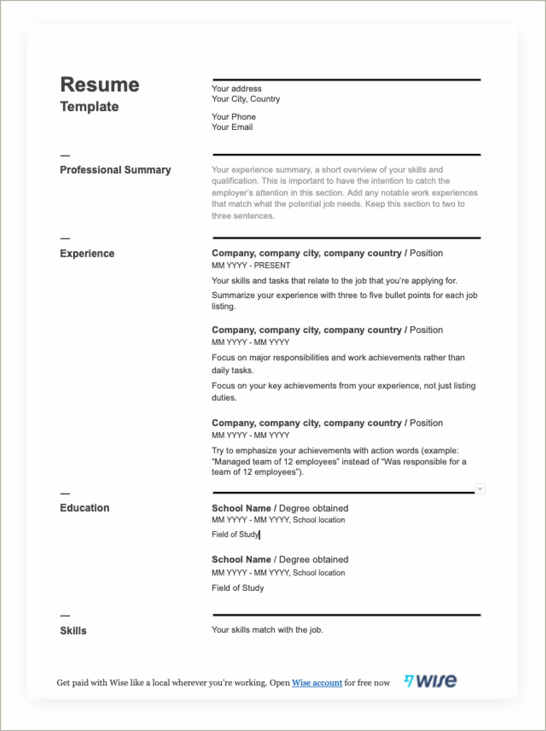 Free Resume Download Templates Pdf