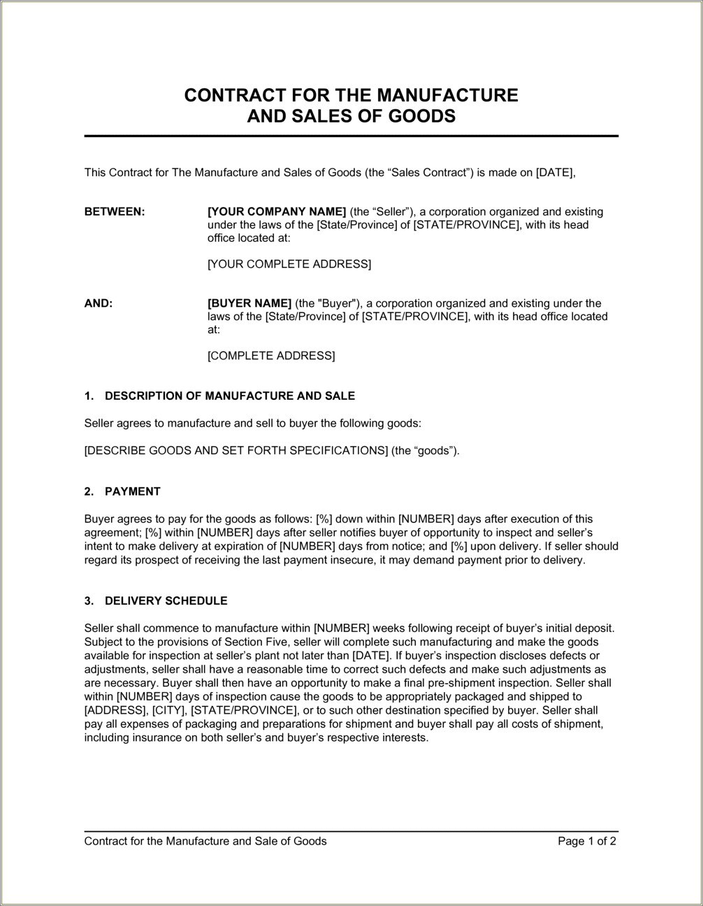 Free Sale Of Goods Contract Template Australia