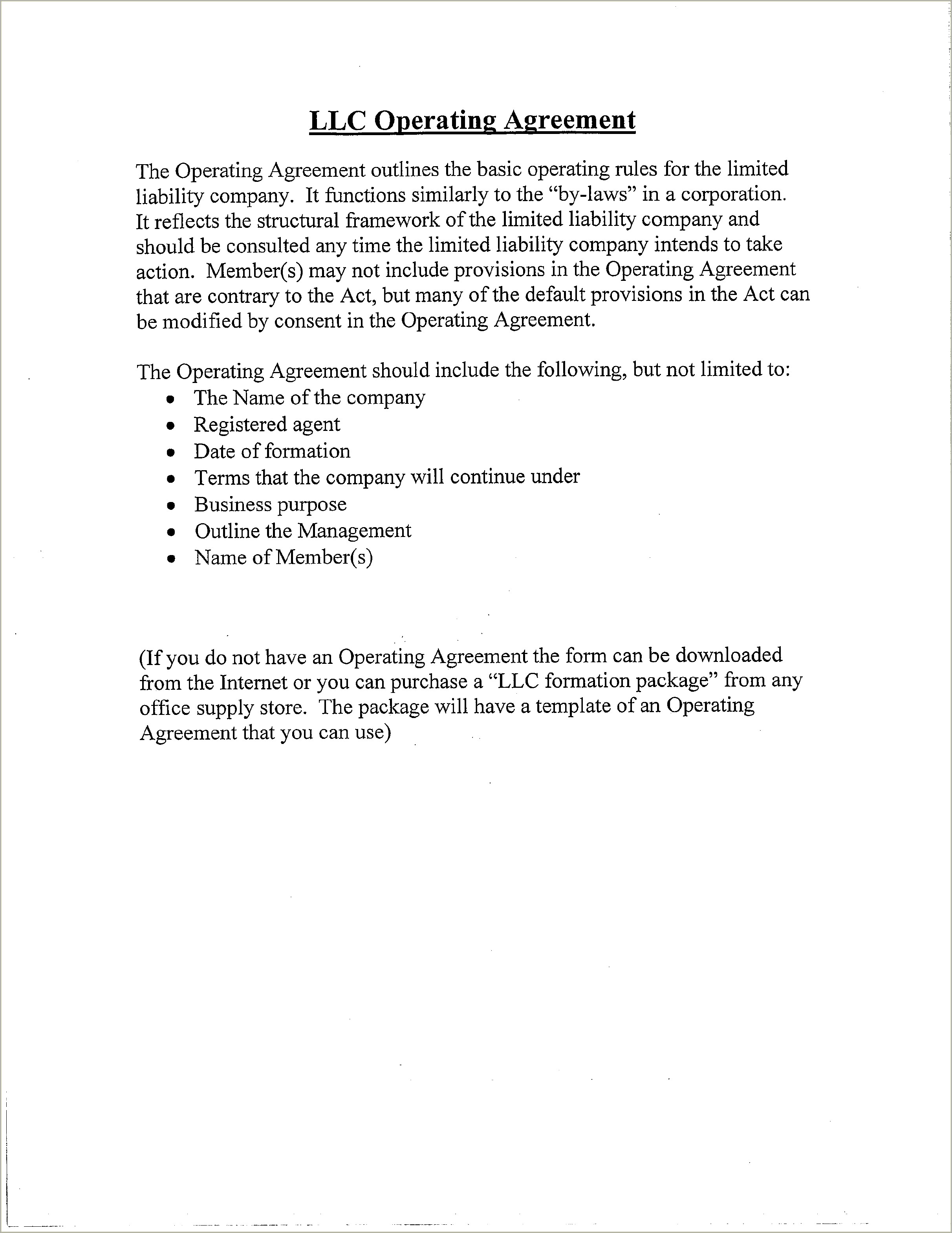 Free Sample Operating Agreement For Llc Template