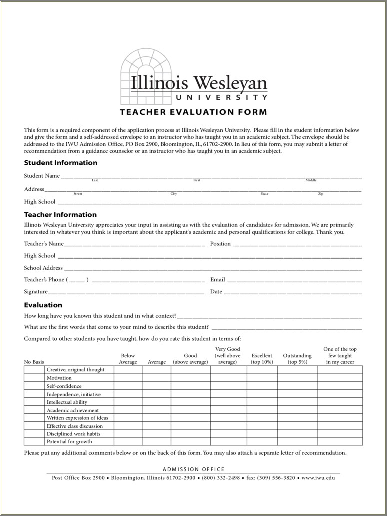 Free Student Evaluation Of Teacher Form Template