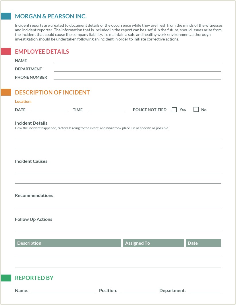 Free Template For Accident Report In Schol