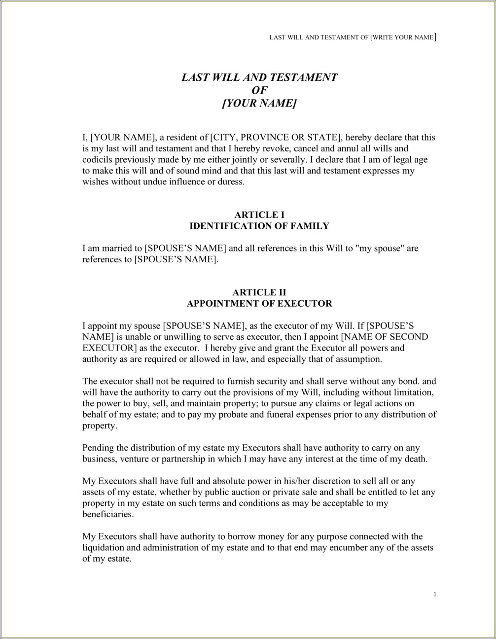 Free Template For Last Will And Testament Australia