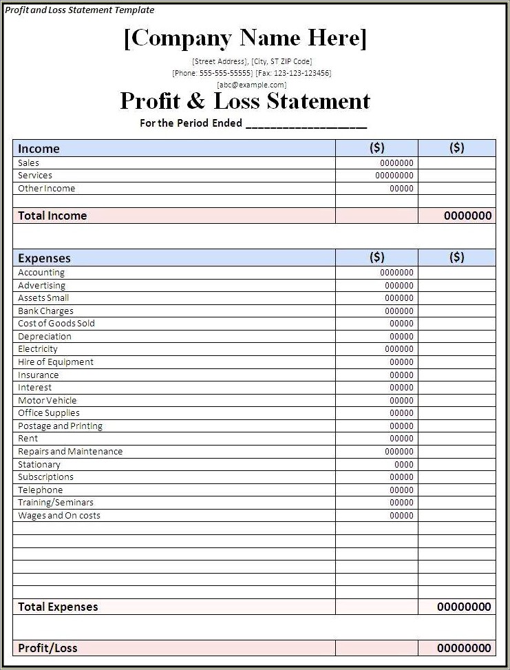 Free Writable Profit And Loss Template Pdf