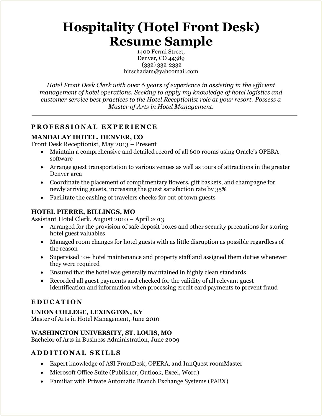 Front Desk Administrator Objective Resume