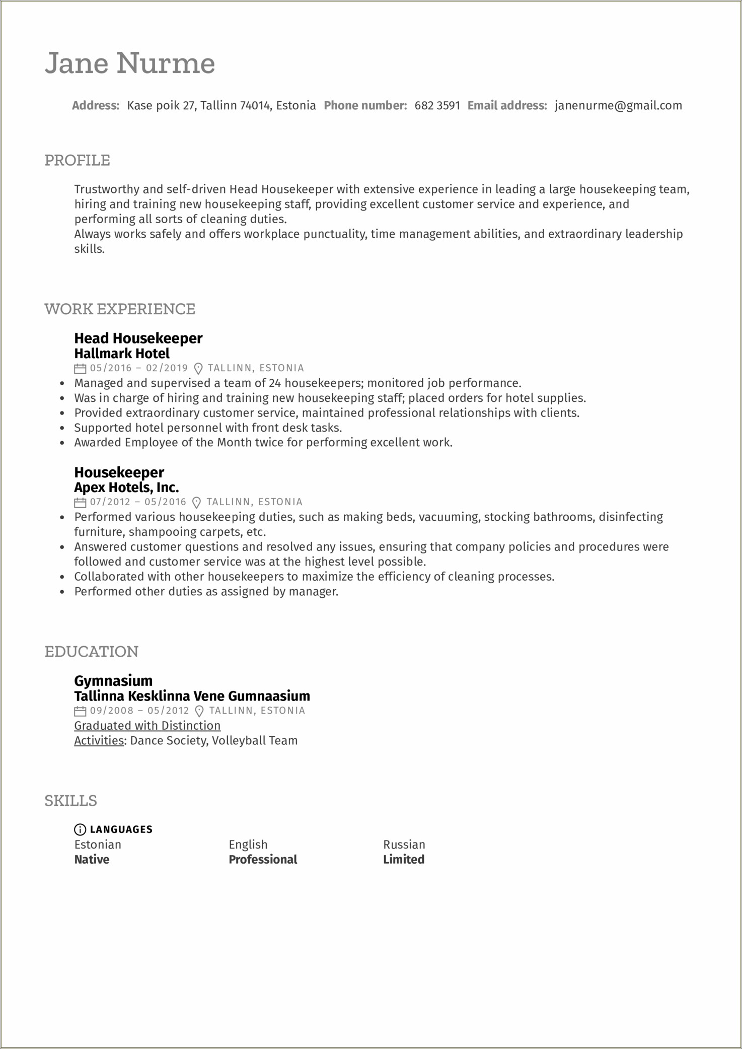 Front Desk Housekeeping Resume Sample