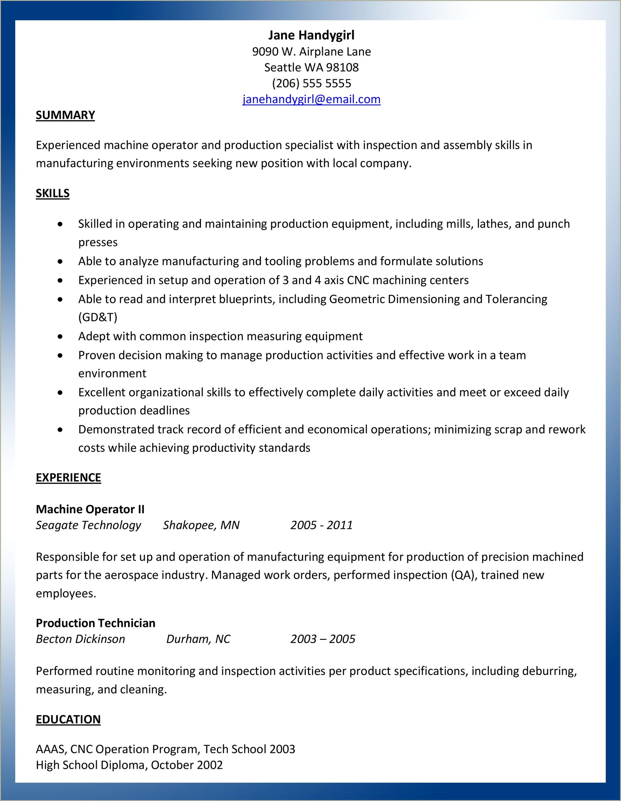 Jane A Job Seeker Resume