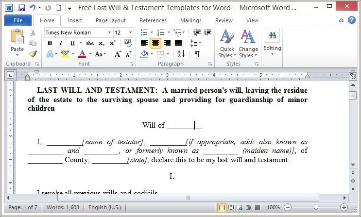 Last Will And Testament Template Free Nz