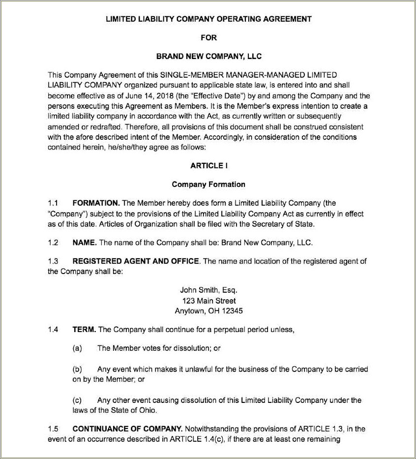 Limited Liability Company Operating Agreement Template Free