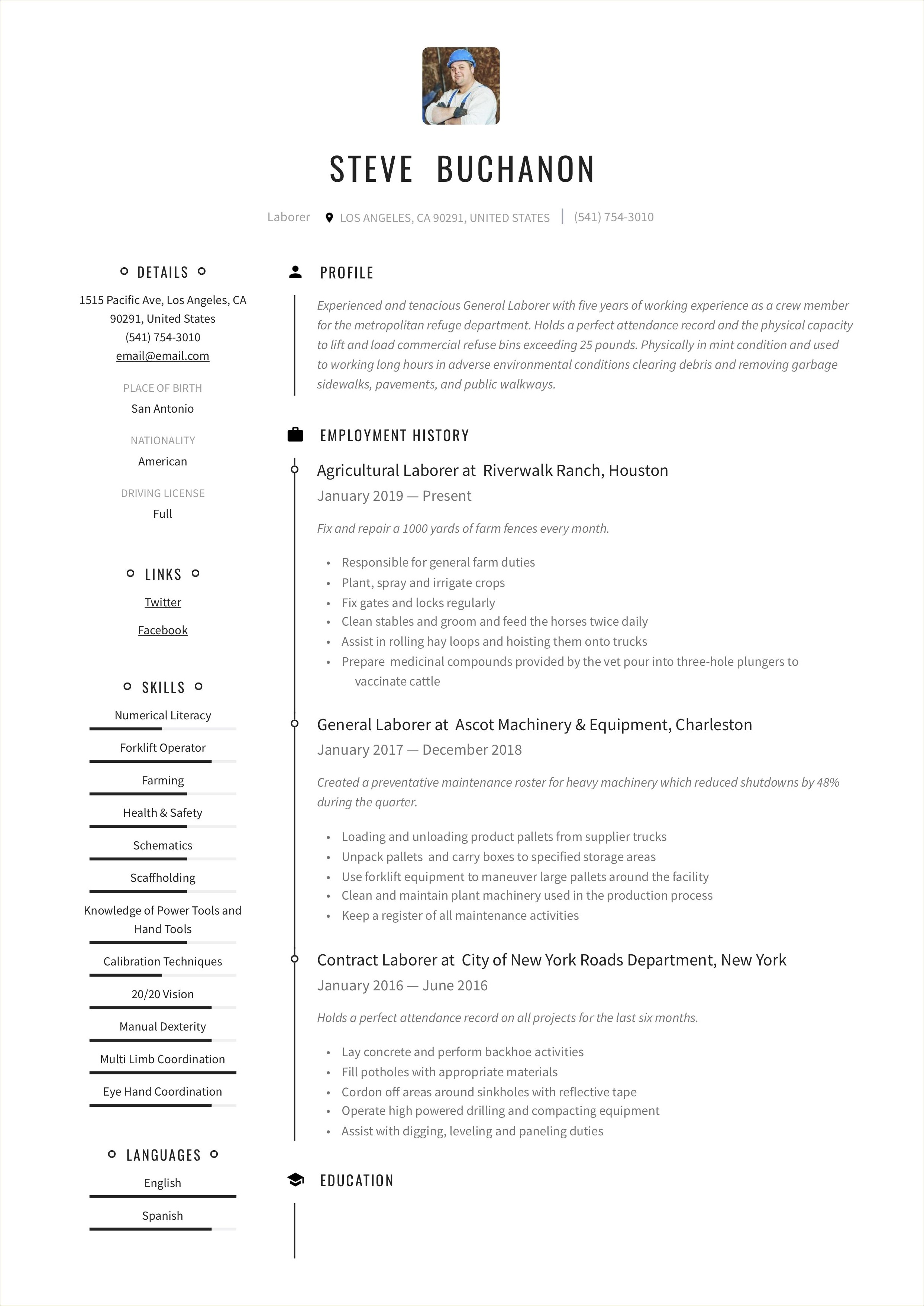 Metal Worker Laborer Resume Sample