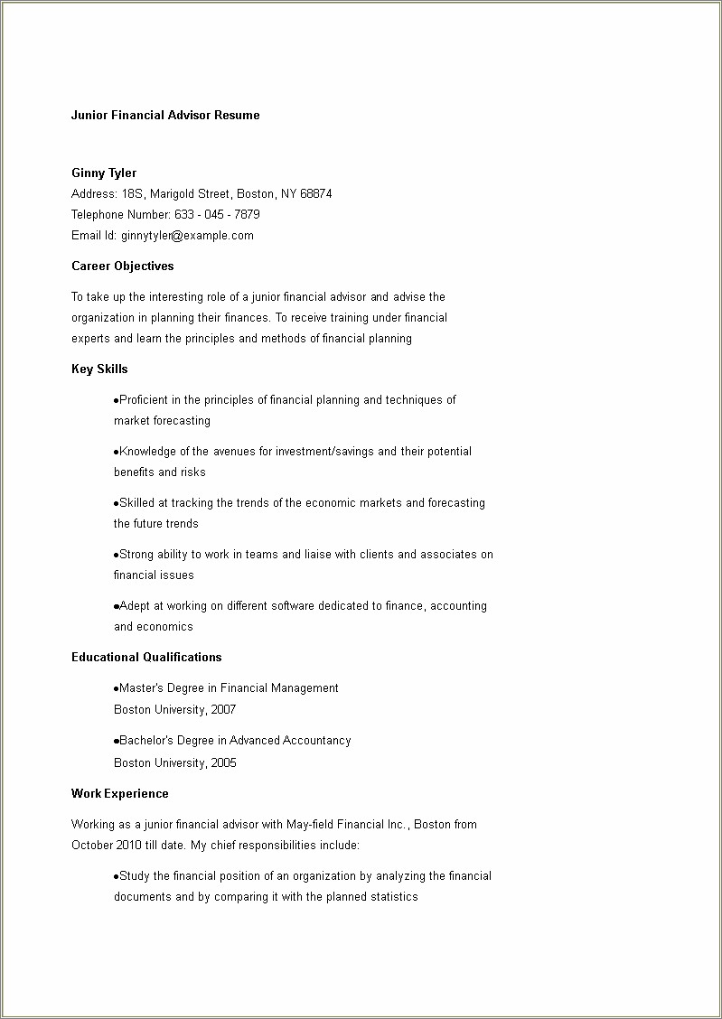 Objective Resume For Financial Rep