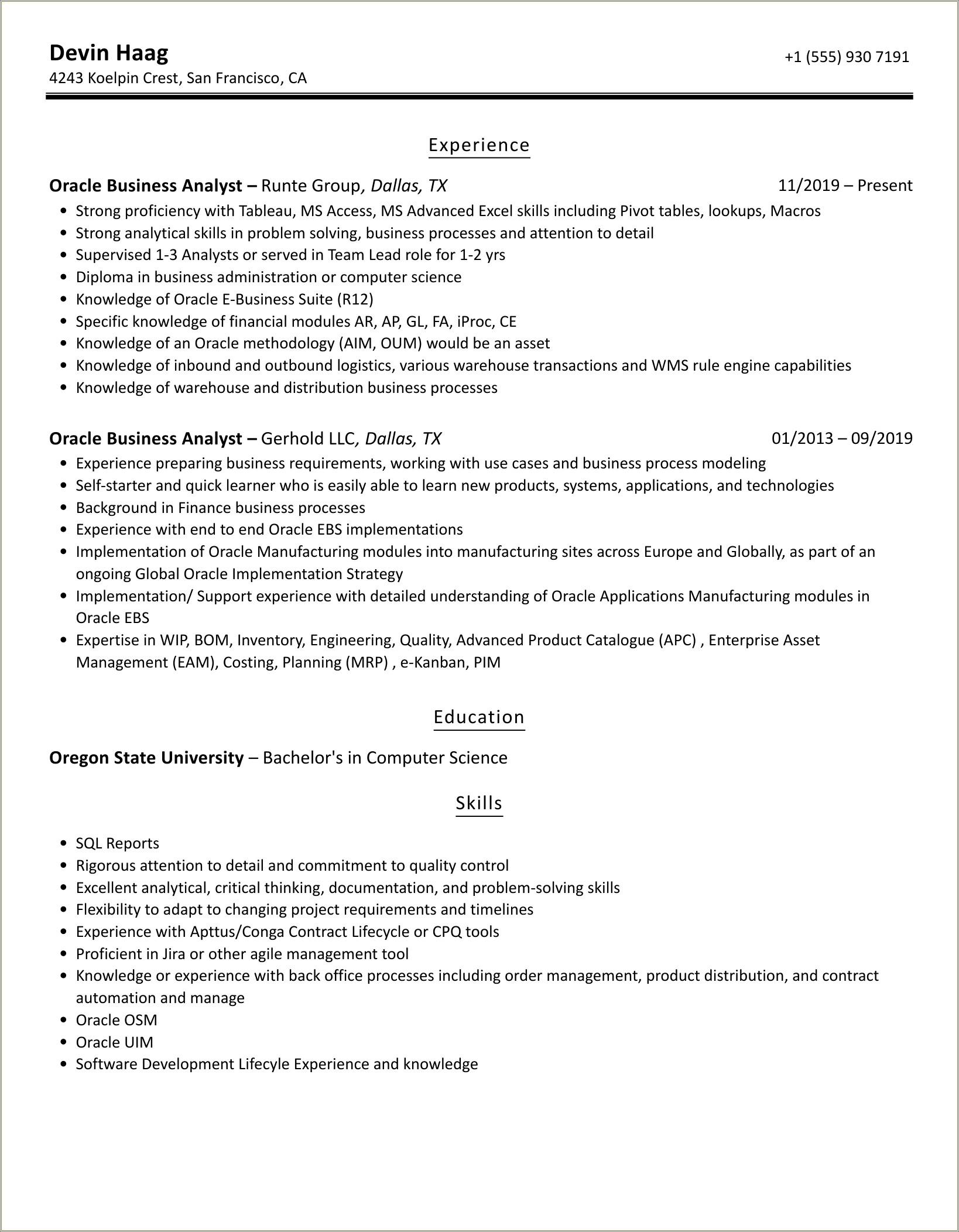 Oracle Business Analyst Resume Sample