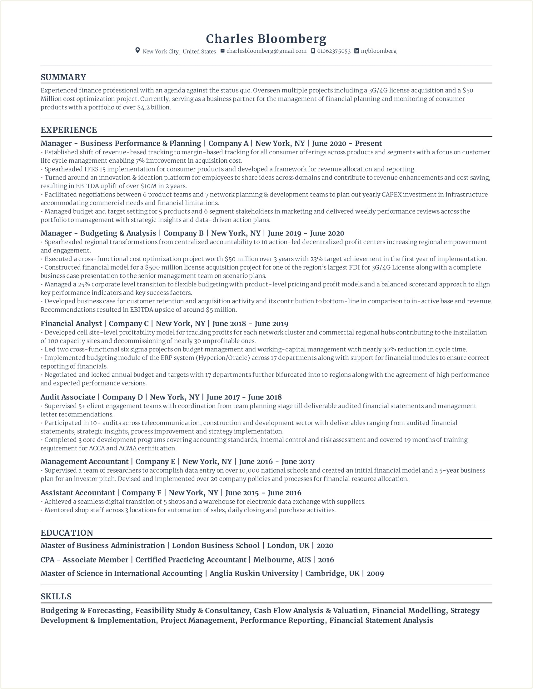 Project Manager Resume Business Case