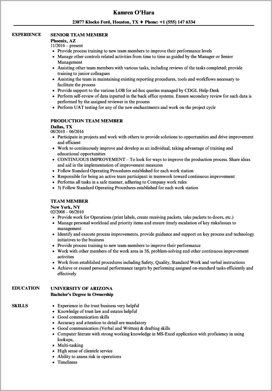 Restaurant Crew Member Resume Examples