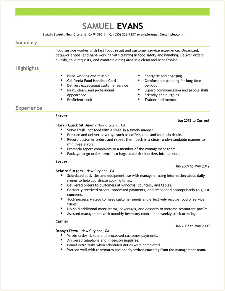 Resume Examples Fast Food Experience