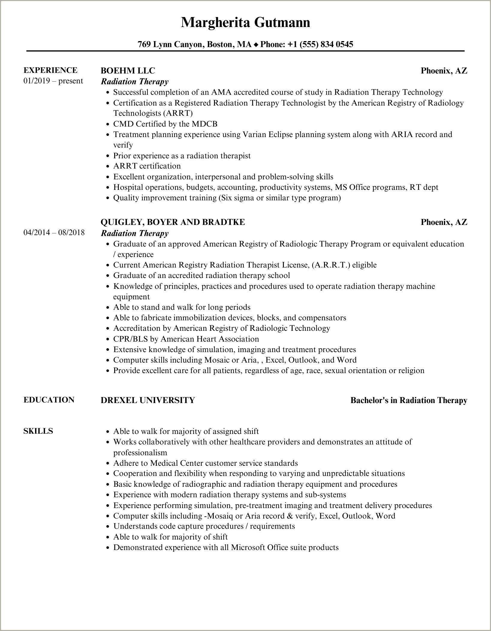Resume Examples For Radiation Therapist - Resume Example Gallery