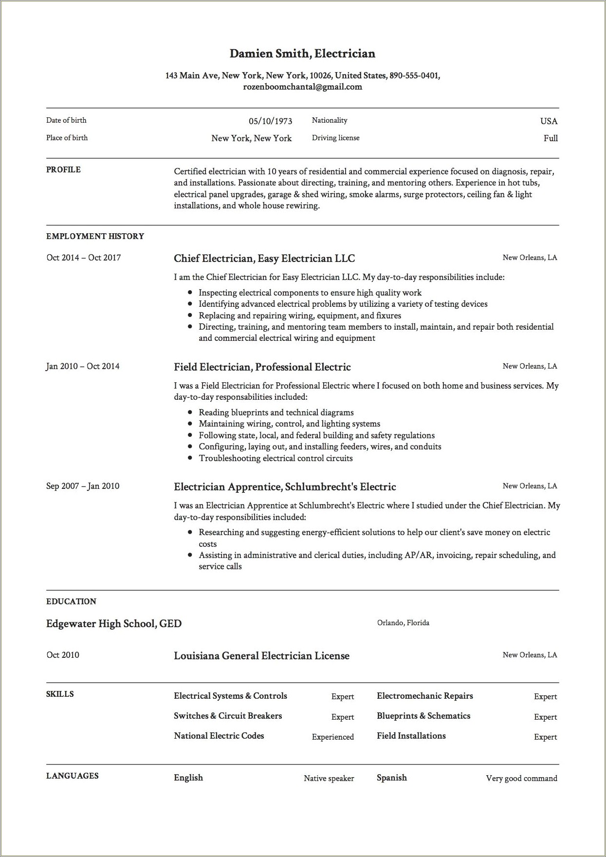 Resume Objective For Electrical Technician