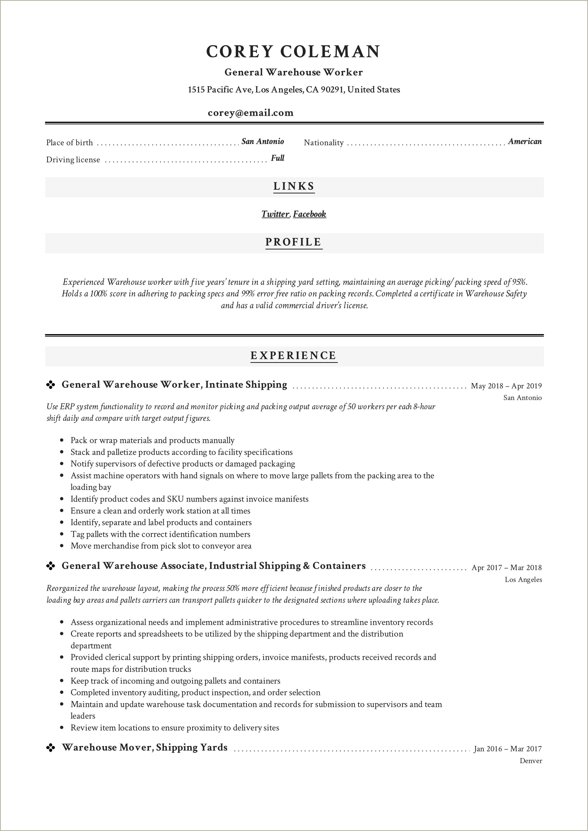 Resume Objective Samples For Warehouse