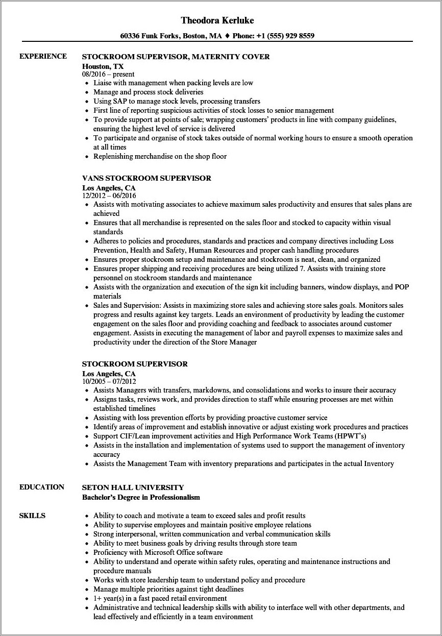 Resume Samples For Stock Supervisor