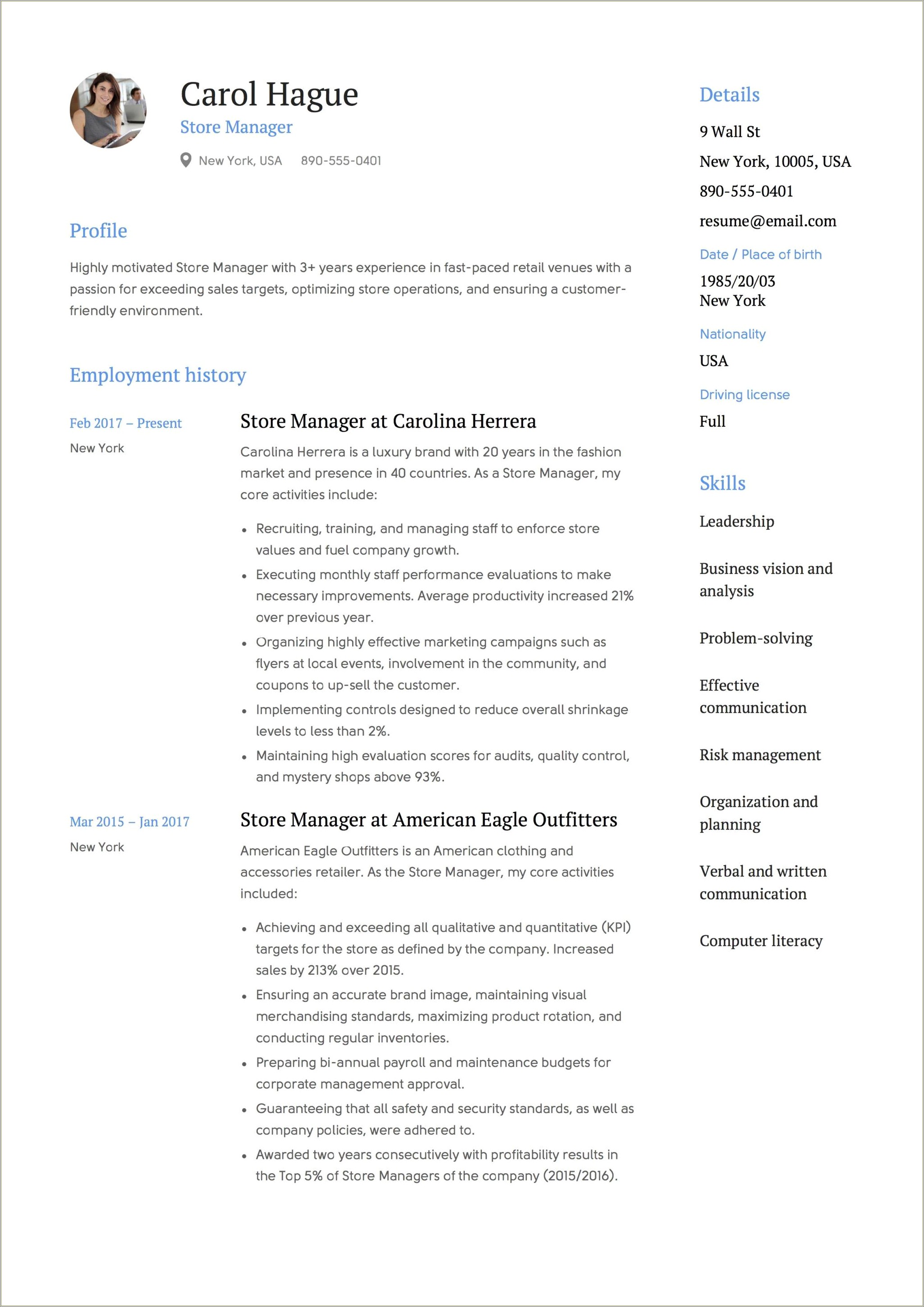 Retail Clothing Assistant Manager Resume