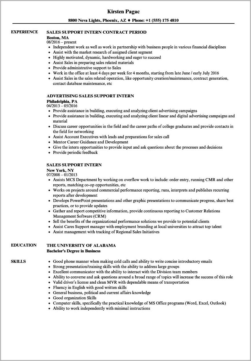 Sales Intern Job Description Resume