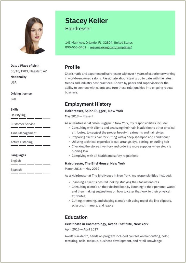 Salon Manager Job Description Resume