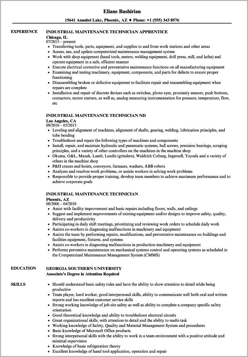 Sample Objectives For Maintenance Resume