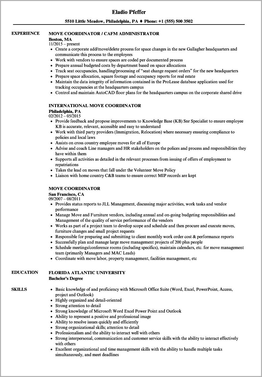 Sample Of Resume For Movers