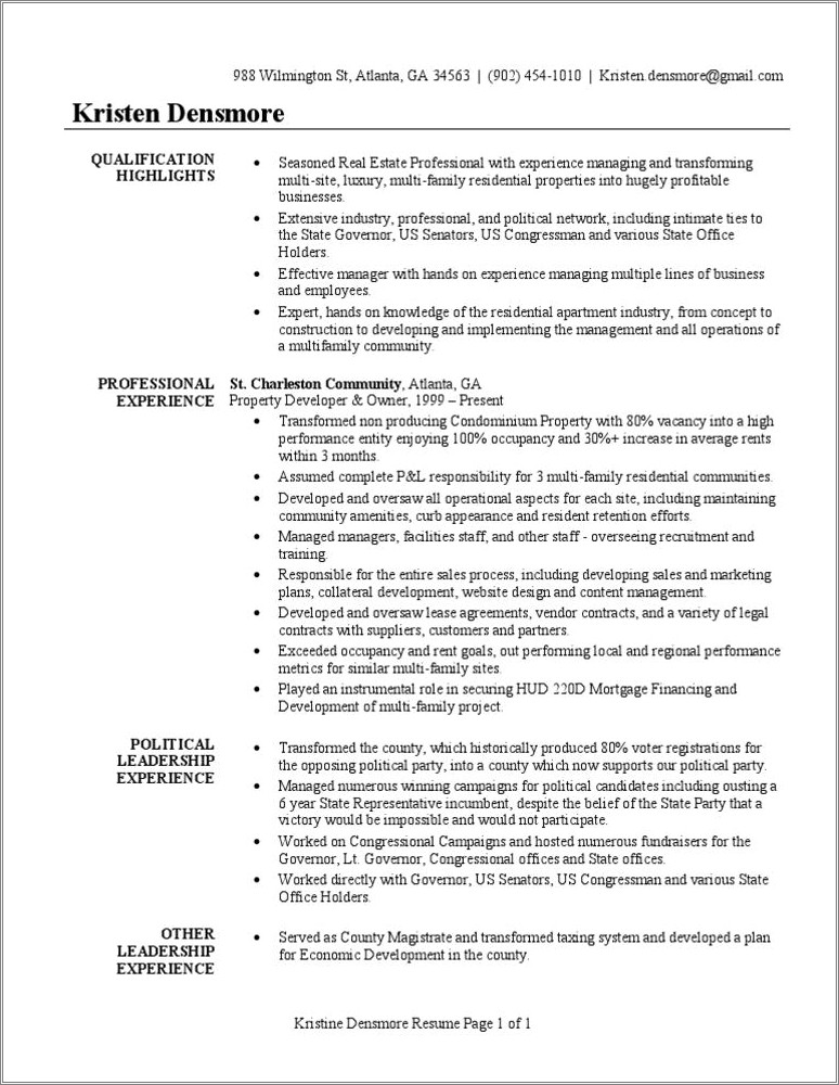 Sample Real Estate Developer Resume