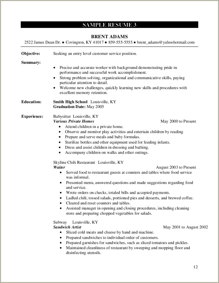 Sample Resume For Sandwich Artist