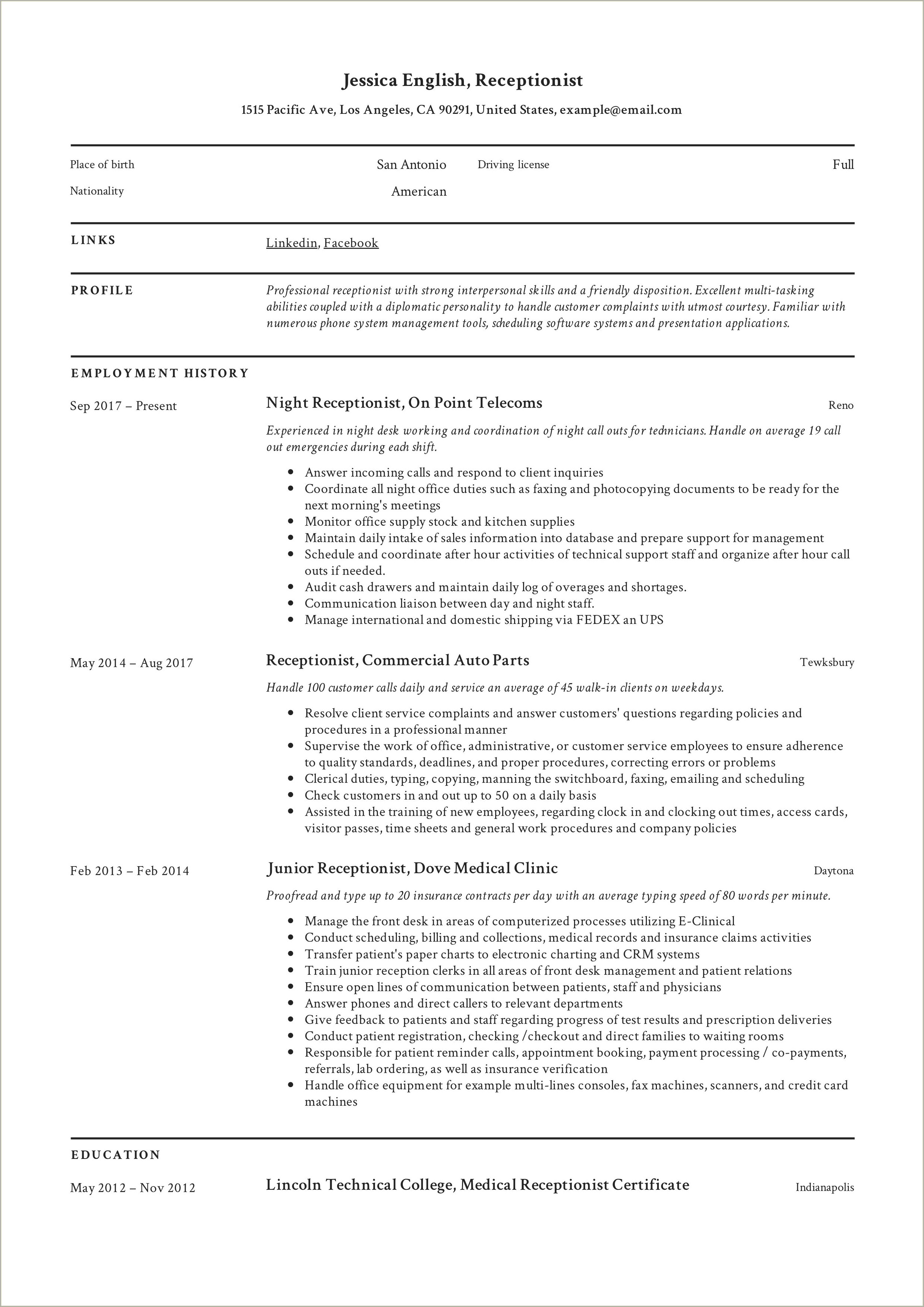 Sample Skills For Resume Receptionist