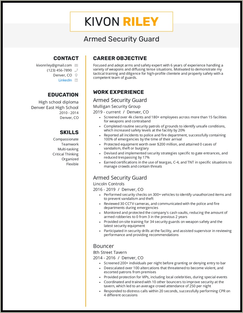 Sample Unarmed Security Guard Resume