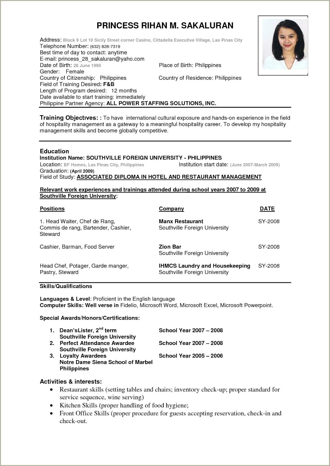 Skills And Interests Template Resume