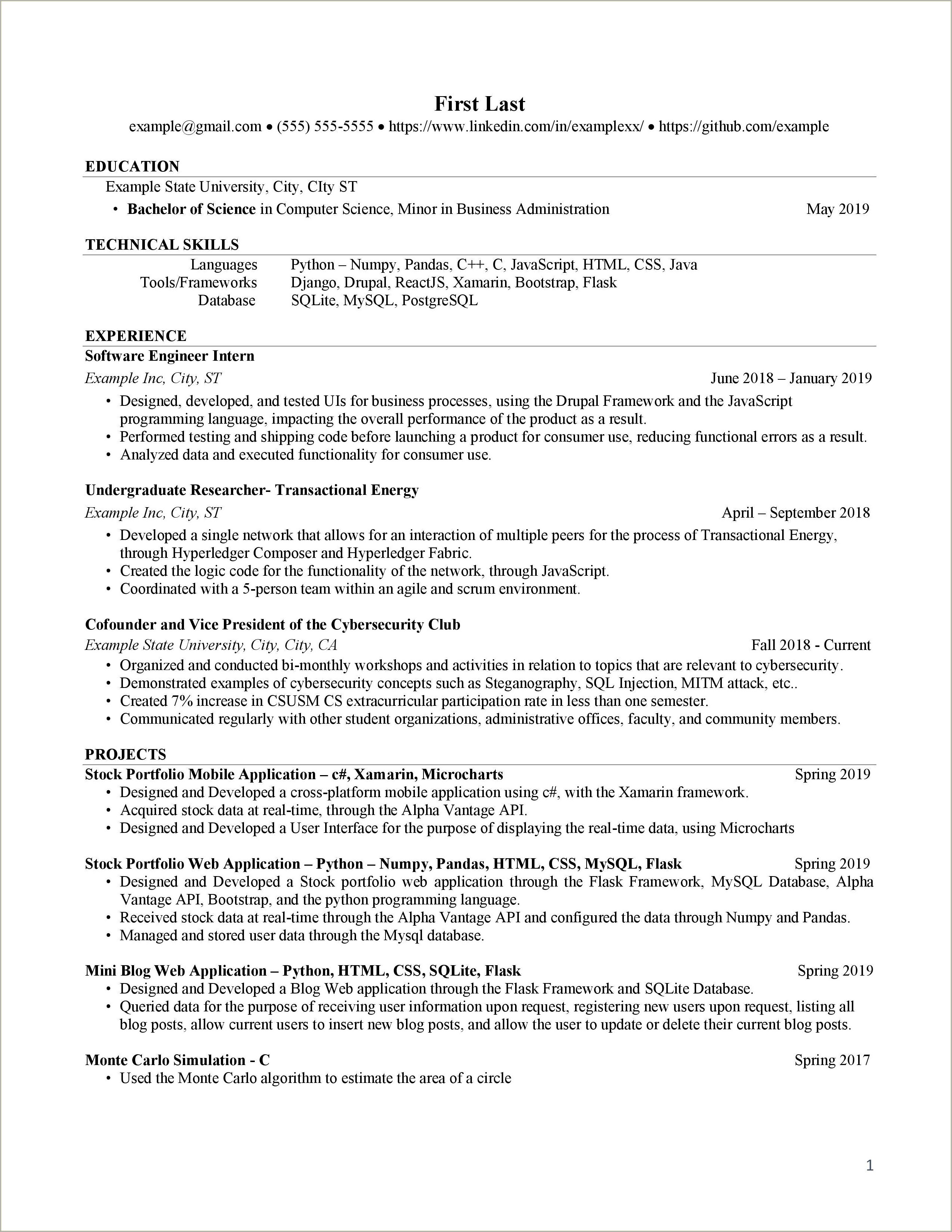 Software New Grad Sample Resume