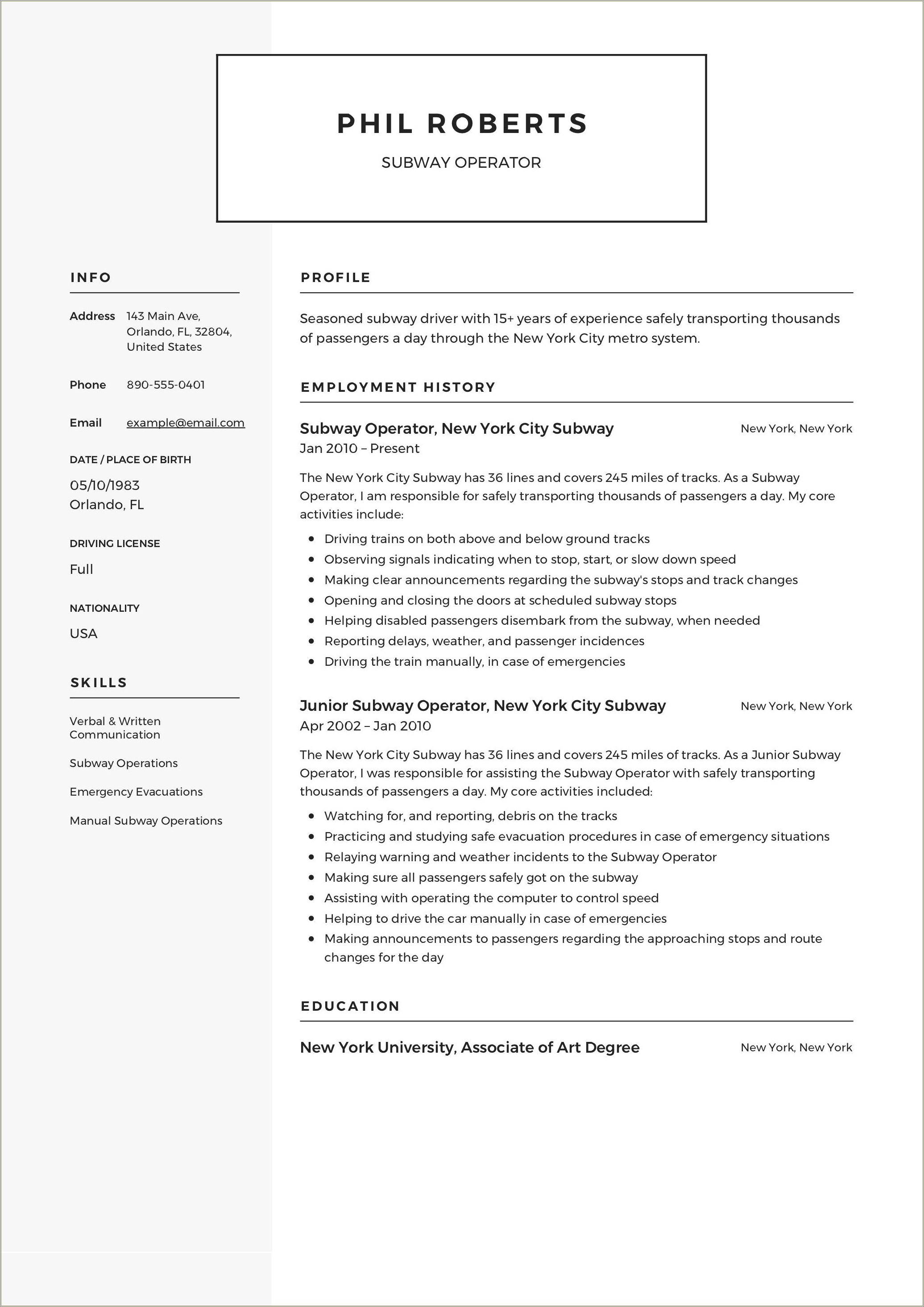 Subway Job Title On Resume