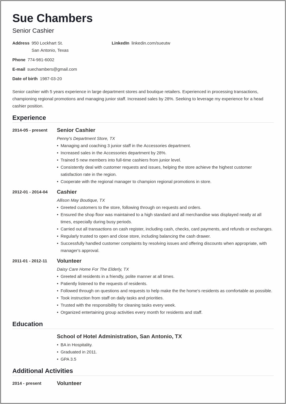 Additional Skills For Cashier Resume