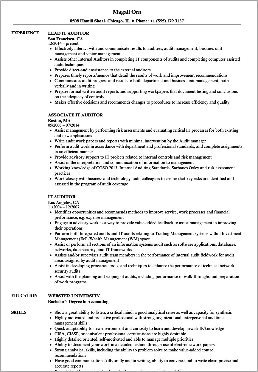 Auditor Resume Sample Entry Level